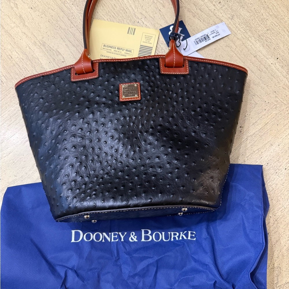 Dooney & Bourke Andie Ostrich textured Black Tote with Brown Trim